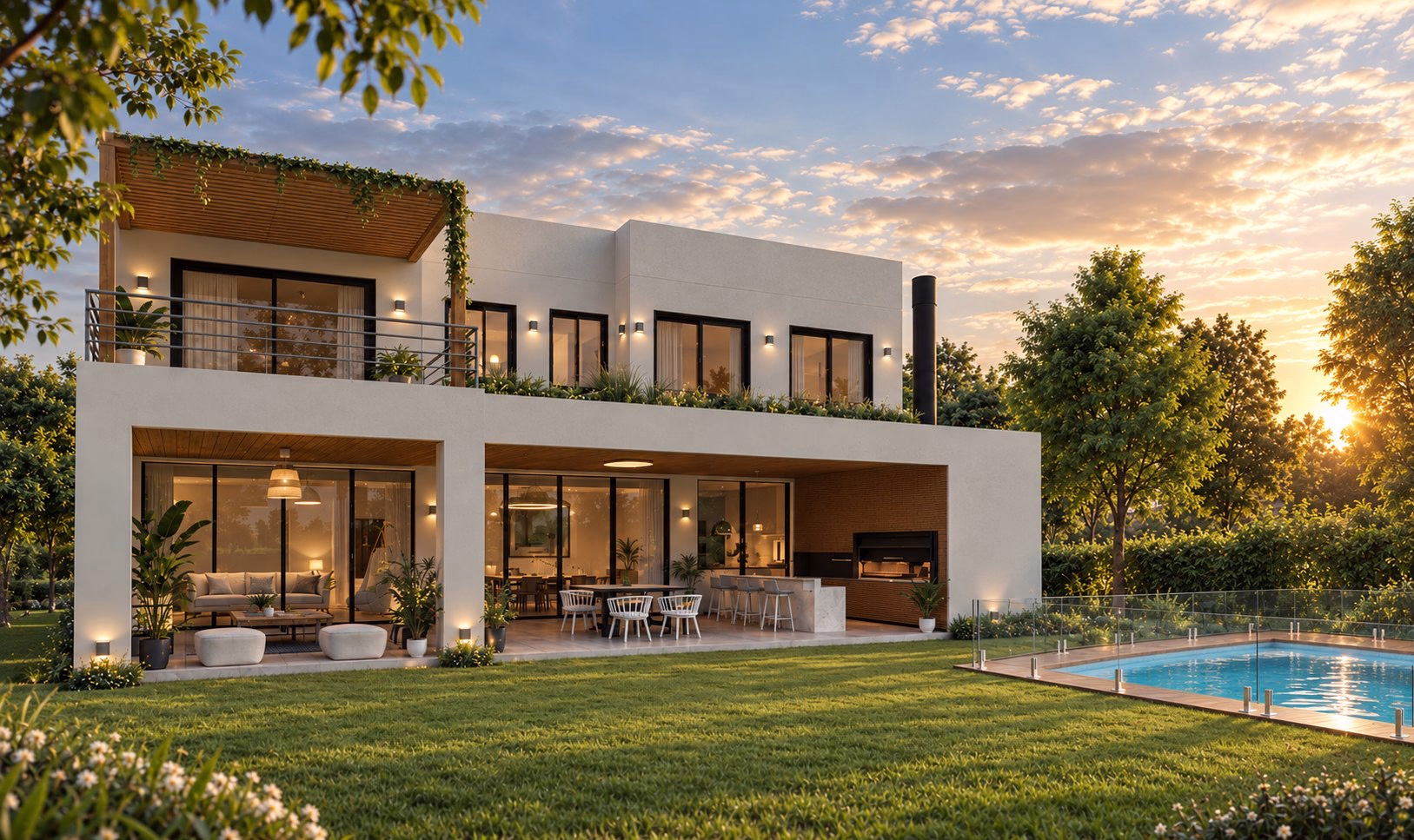 Render de Campo Chico al atardecer, con galería abierta, pileta y jardín en Pilar