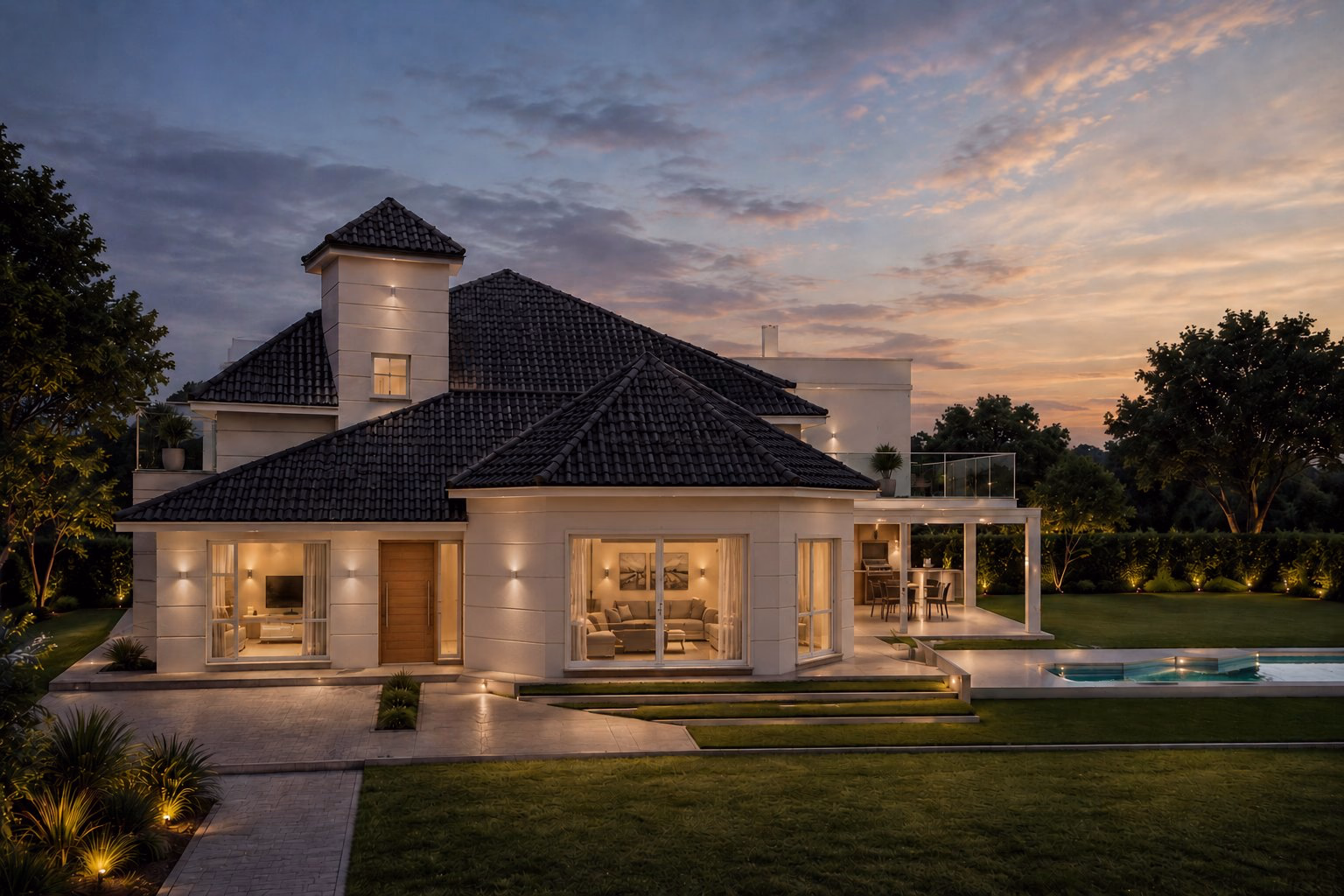 Render de Miraflores al atardecer, con techos inclinados, ampliación blanca y pileta en Garín