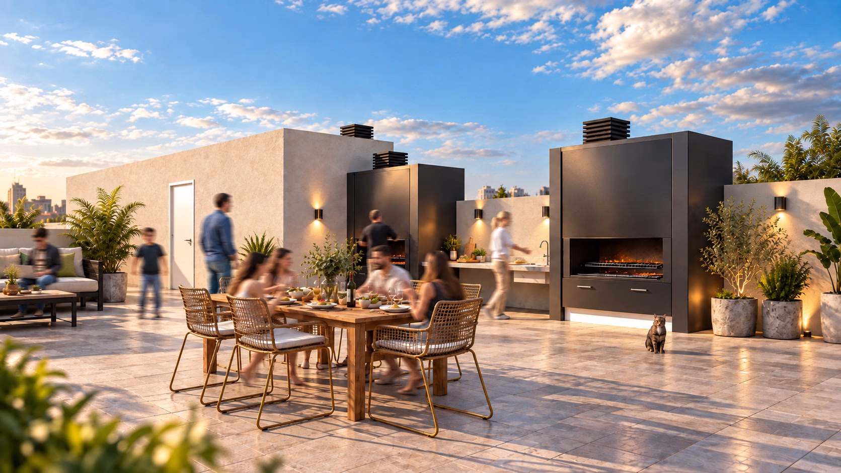 Terraza común de Olavarría con mesa, parrilla y vista abierta
